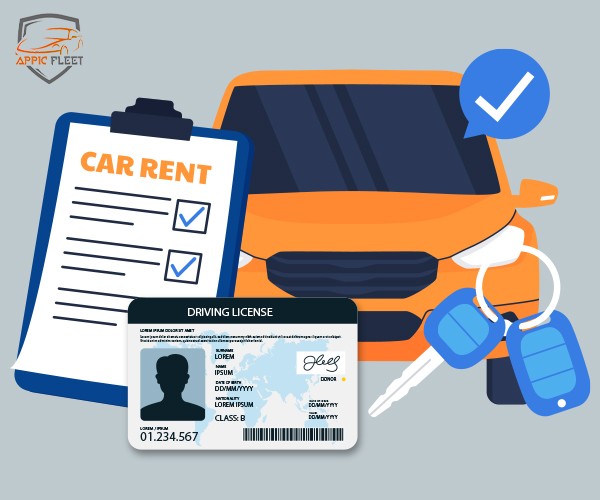 Driver's license, checklist, keys, and car representing steps to renting a car with a UAE license